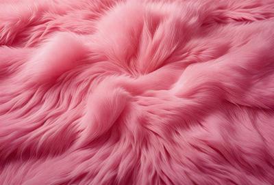The primary subject of the image is a large, pink, fluffy, and fuzzy object, which appears to be a piece of pink fur or a pink fuzzy blanket. The setting is a close-up of the pink fur, showcasing its texture and color. The visual style is a realistic representation of the pink fur, with no indication of digital art or illustration. The colors and mood of the image are predominantly pink, creating a warm and cozy