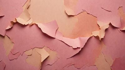 The primary subject of the image is a pink wall with peeling paper or wallpaper. The setting is a room with a pink background. The visual style is a close-up of the peeling paper, which gives the image a textured and somewhat distressed appearance. The colors and mood of the image are predominantly pink, creating a warm and inviting atmosphere.