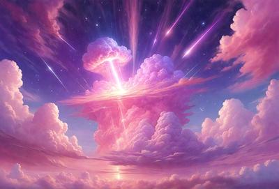 The primary subject of the image is a purple cloud with a pink sun in the middle. The cloud is surrounded by a pink sky, and there are multiple purple clouds in the background. The visual style of the image is digital art, and the colors and mood convey a sense of tranquility and beauty.