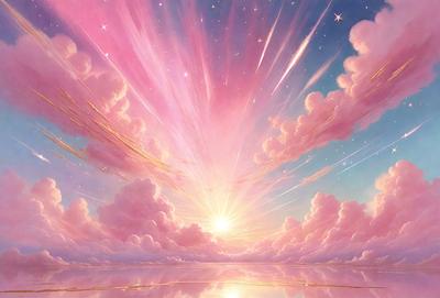 The primary subject of the image is a beautiful sunset with a pink sky. The setting is a cloudy sky, and the visual style is a digital art or illustration. The dominant colors are pink and purple, creating a warm and serene atmosphere.