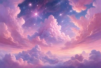 The primary subject of the image is a beautiful, pink and purple cloudy sky filled with stars. The setting is a nighttime scene, with the sky serving as the backdrop. The visual style is a combination of digital art and illustration, creating a vibrant and lively atmosphere. The dominant colors are pink, purple, and white, with the stars adding a touch of sparkle to the scene. The overall mood is one of wonder and awe, as the viewer is struck by the beauty of