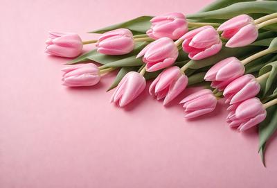 The primary subject of the image is a bouquet of pink tulips. The setting is a pink background, which creates a visually appealing contrast with the flowers. The visual style is a close-up of the tulips, showcasing their details and beauty. The colors and mood of the image are predominantly pink, which gives it a warm and inviting atmosphere.