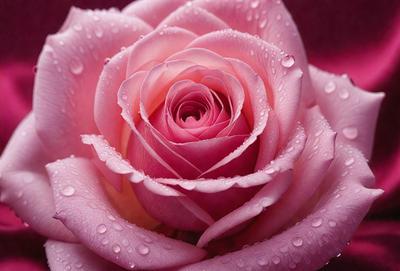 The primary subject of the image is a pink rose with a wet petal. The rose is the focal point of the scene, and it is set against a purple background. The visual style of the image is a close-up of the rose, showcasing its details and texture. The dominant colors in the image are pink and purple, creating a soft and delicate atmosphere.