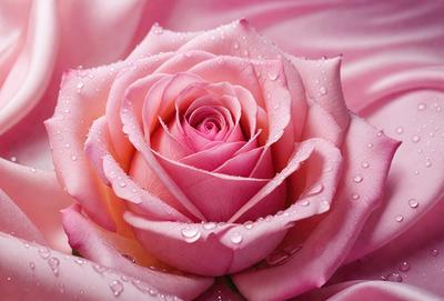 The primary subject of the image is a pink rose with drops of water on it. The rose is the main focus of the image, and it is set against a pink background. The visual style of the image is a close-up of the rose, which highlights its details and texture. The colors and mood of the image are predominantly pink, creating a soft and delicate atmosphere.