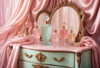 The primary subject of the image is a dresser with a pink surface. The dresser is adorned with several bottles of perfume, creating a visually appealing and elegant display. The setting is a bedroom, and the visual style is a photo. The dominant colors in the image are pink and white, giving the scene a warm and inviting atmosphere.