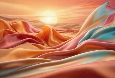 The primary subject of the image is a colorful, textured landscape featuring a sunset. The setting is a desert-like environment with a sandy surface. The visual style is a combination of photo and digital art, creating a vibrant and dynamic scene. The dominant colors are orange, pink, and blue, which contribute to a warm and inviting atmosphere.
