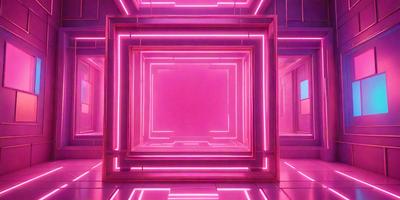 The primary subject of the image is a large, pink, neon-lit room with a square shape. The room appears to be a part of a futuristic building, possibly a museum or an art installation. The setting is a futuristic environment, and the visual style is a combination of digital art and illustration. The dominant colors in the image are pink and neon, creating a vibrant and futuristic atmosphere.
