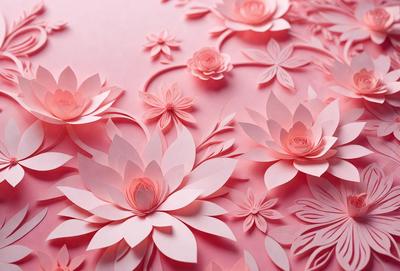 The primary subject of the image is a pink background with a variety of pink flowers and leaves. The flowers are made of paper, giving the scene a creative and artistic visual style. The setting appears to be a pink surface, possibly a wall or a table, with the flowers and leaves arranged on it. The overall atmosphere is warm and inviting, with the pink flowers and leaves creating a pleasant and visually appealing scene.