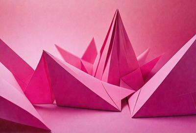 The primary subject of the image is a group of pink paper cranes. They are arranged on a pink surface, which could be a table or a wall. The visual style of the image is a combination of photo and digital art, as it appears to be a close-up of the paper cranes. The colors and mood of the image are predominantly pink, giving it a warm and inviting atmosphere.