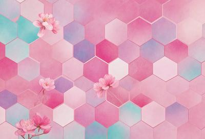 The primary subject of the image is a close-up of a pink flower. The setting is a pink and white hexagonal pattern, which creates a visually appealing and harmonious backdrop. The visual style is a combination of a photo and a digital art, as the flower is captured in a detailed and artistic manner. The colors and mood of the image are predominantly pink and white, giving it a warm and inviting atmosphere.