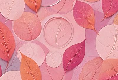 The primary subject of the image is a pink background with a leaf pattern. The setting is a pink surface, and the visual style is a combination of photo and digital art. The dominant colors are pink and orange, creating a warm and inviting atmosphere.