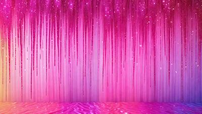 The primary subject of the image is a pink curtain with purple streaks. The curtain is hanging in front of a pink wall, creating a visually striking scene. The setting appears to be a stage or a theatrical environment. The visual style of the image is a combination of photo and digital art, giving it a unique and artistic appearance. The dominant colors in the image are pink and purple, creating a warm and vibrant atmosphere.