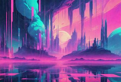 The primary subject of the image is a futuristic cityscape with a purple sky and a moon in the background. The setting is a city with a large number of buildings, some of which are tall and have a castle-like appearance. The visual style is a digital art or illustration, creating a vibrant and colorful atmosphere. The dominant colors are purple and pink, giving the scene a unique and surreal mood.