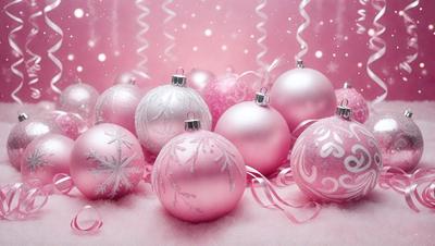 The primary subject of the image is a group of pink and white Christmas ornaments. The ornaments are arranged in a visually appealing manner, creating a festive and joyful atmosphere. The setting is a pink background, which adds to the overall color scheme and mood of the scene. The visual style of the image is a combination of photo and digital art, resulting in a high-quality and detailed representation of the ornaments.