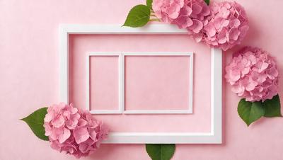 The primary subject of the image is a pink frame with a picture of flowers in it. The flowers are pink and white, and they are arranged in a way that they appear to be floating in the air. The setting is a pink background, which complements the flowers and the frame. The visual style of the image is a combination of a photo and a drawing, creating a unique and artistic appearance. The colors and mood of the image are predominantly pink, which gives it a warm and inviting atmosphere.