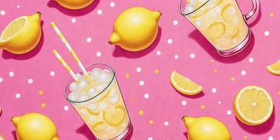 The primary subject of the image is a glass filled with lemonade, which is placed on a pink polka dot surface. The setting is a colorful and playful environment, with a lemon and a lemon slice also present in the scene. The visual style is a combination of digital art and illustration, creating a vibrant and lively atmosphere. The dominant colors are pink, yellow, and green, which contribute to the cheerful and refreshing mood of the image.