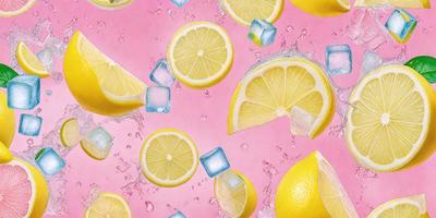 The primary subject of the image is a close-up of a lemon, which is the main object in the scene. The lemon is surrounded by a pink background, giving the image a vibrant and fresh appearance. The visual style of the image is a combination of photo and digital art, creating a realistic yet artistic representation of the lemon. The dominant colors in the image are pink and yellow, which evoke a sense of warmth and freshness.