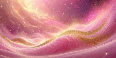 The primary subject of the image is a pink and gold wave, which appears to be a digital art or illustration. The wave is set against a purple background, creating a visually striking scene. The colors and mood of the image are predominantly pink and gold, giving it a warm and inviting atmosphere.