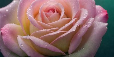 The primary subject of the image is a pink rose with a yellow center. The rose is sitting on a bed of green leaves, and it is surrounded by water droplets, giving it a fresh and vibrant appearance. The setting is a close-up of the rose, showcasing its beauty and details. The visual style is a realistic representation of the rose, capturing its natural beauty. The colors and mood of the image are predominantly pink and yellow, creating a warm and inviting atmosphere.
