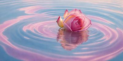 The primary subject of the image is a single pink rose floating on top of a body of water, which appears to be a lake. The rose is the focal point of the scene, and it is surrounded by a serene and peaceful environment. The visual style of the image is a combination of photo and digital art, creating a realistic yet artistic representation of the rose in its natural setting. The colors and mood of the image are predominantly pink, which adds a sense of warmth and tranquility to