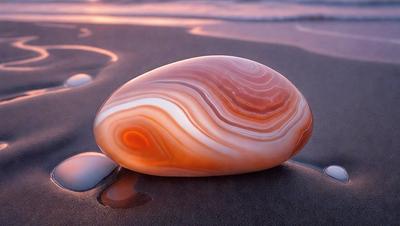 The primary subject of the image is a large, round, and colorful rock. The rock is placed on a sandy beach, with the ocean in the background. The visual style of the image is a photo, capturing the natural beauty of the rock and its surroundings. The dominant colors in the image are orange and white, creating a warm and inviting atmosphere.