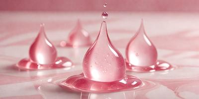 The primary subject of the image is a pink liquid, possibly water or a sauce, that is dripping onto a white surface. The setting appears to be a table or countertop, and the visual style is a close-up of the dripping liquid. The colors in the image are predominantly pink, creating a warm and inviting atmosphere.