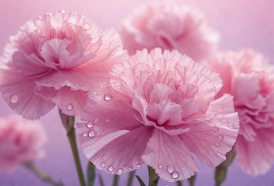 The primary subject of the image is a bouquet of pink flowers. The flowers are arranged in a vase, and they are surrounded by water droplets, giving them a fresh and lively appearance. The setting is a pink background, which complements the color of the flowers. The visual style of the image is a close-up of the flowers, showcasing their details and beauty. The colors and mood of the image are predominantly pink, creating a warm and inviting atmosphere.