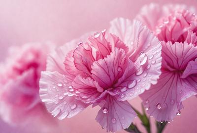 The primary subject of the image is a pink flower with drops of water on it. The setting is a pink background, which adds to the overall mood of the image. The visual style is a close-up of the flower, showcasing its details and beauty. The colors and mood of the image are predominantly pink, creating a warm and inviting atmosphere.