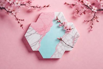 The primary subject of the image is a marble plate with a blue and pink design. The plate is placed on a pink background, which adds a vibrant and warm atmosphere to the scene. The visual style of the image is a combination of photo and digital art, creating a unique and eye-catching design. The colors and mood of the image are predominantly pink and blue, giving it a feminine and elegant appearance.