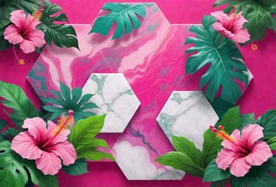 The primary subject of the image is a pink and white marble wall with a pattern of hexagons. The setting is a room with a pink background, and the visual style is a combination of digital art and illustration. The dominant colors are pink and white, creating a warm and inviting atmosphere.