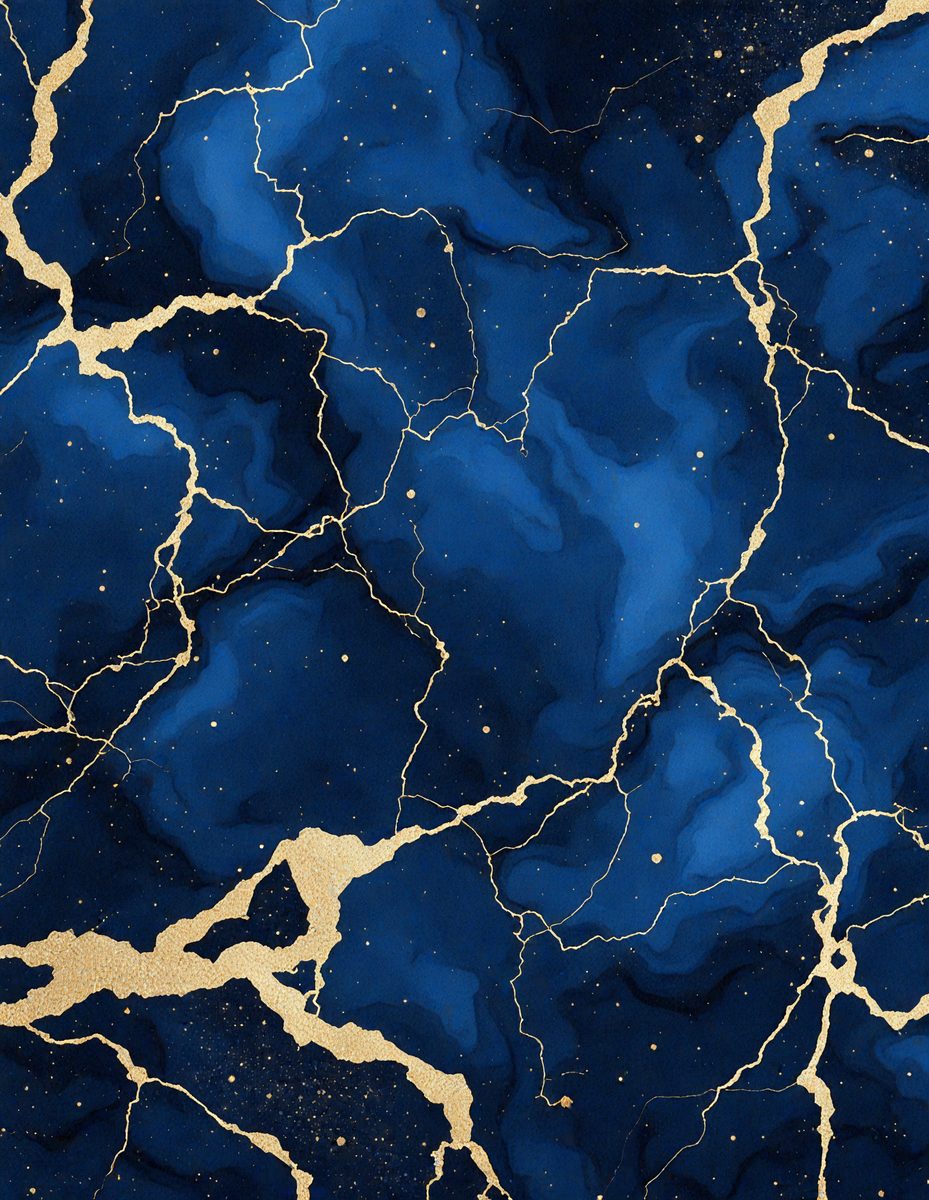 The primary subject of the image is a blue and gold patterned wallpaper. The setting is a blue and gold wallpapered room. The visual style is a digital art or illustration. The dominant colors are blue and gold, creating a warm and inviting atmosphere.