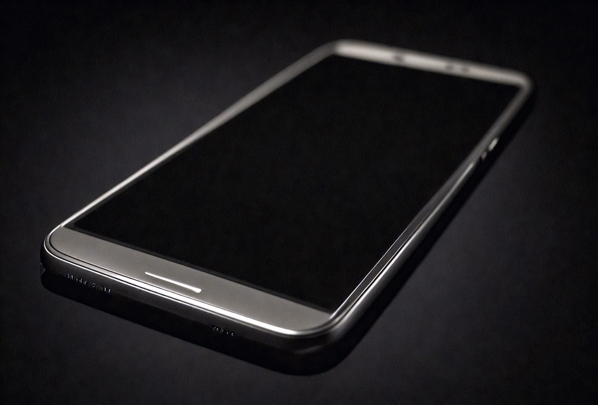 The primary subject of the image is a cell phone. The cell phone is placed on a black surface, which serves as the setting or background. The visual style of the image is a photo, capturing the cell phone in its natural environment. The colors and mood of the image are predominantly dark, with the cell phone being the main focal point.