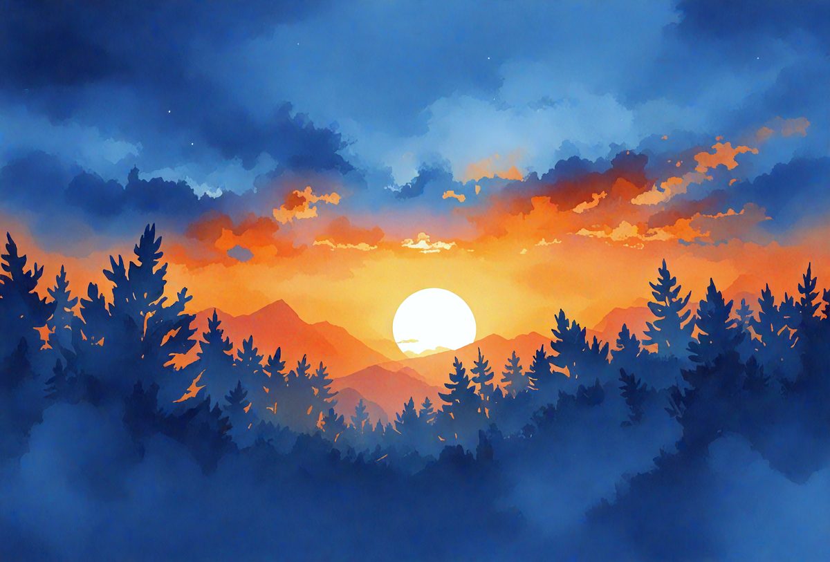 The primary subject of the image is a beautiful sunset, with the sun setting behind a mountain range. The setting is a forest filled with trees, creating a serene and picturesque scene. The visual style of the image is a watercolor painting, which adds a sense of depth and natural beauty to the scene. The dominant colors in the image are shades of orange, red, and blue, which are often associated with sunsets and the warmth of the setting sun. The overall atmosphere of the painting is one of tranquility and peacefulness, as the sun sets behind the mountains and the forest remains quiet and undisturbed.