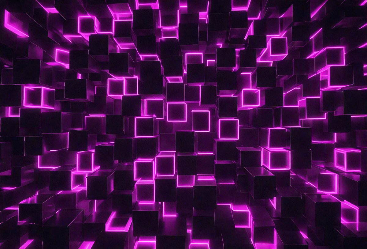 The primary subject of the image is a purple, pink, and black patterned wall. The setting is a room with a purple and pink color scheme. The visual style is a combination of digital art and illustration. The dominant colors and overall atmosphere are vibrant and energetic.