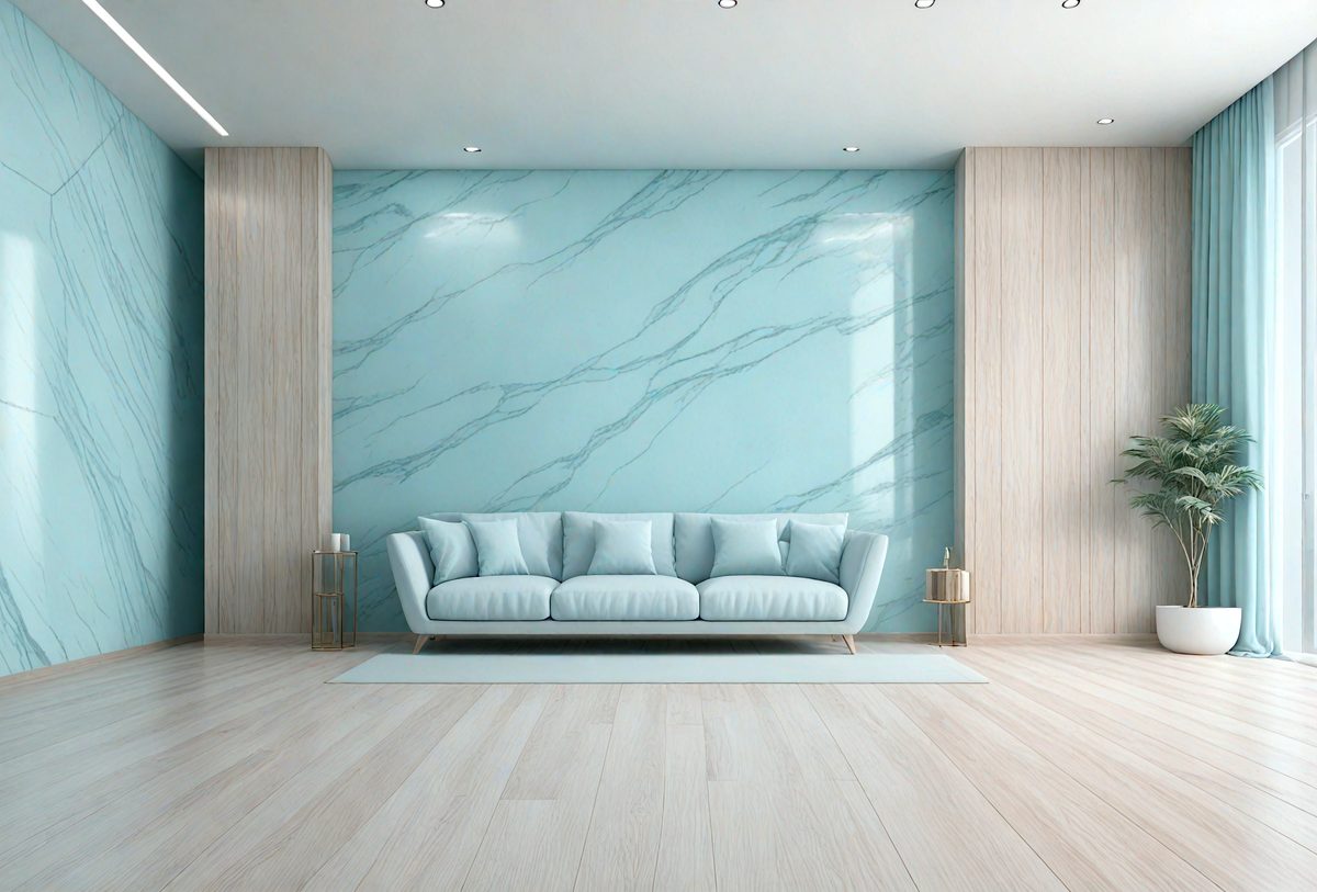 The primary subject of the image is a large, white couch with blue pillows, placed in a living room. The setting is a modern, clean, and well-lit space, featuring a blue marble wall and a wooden floor. The visual style is a realistic, high-quality photo of the living room. The colors and mood of the image are predominantly white and blue, creating a calm and inviting atmosphere.