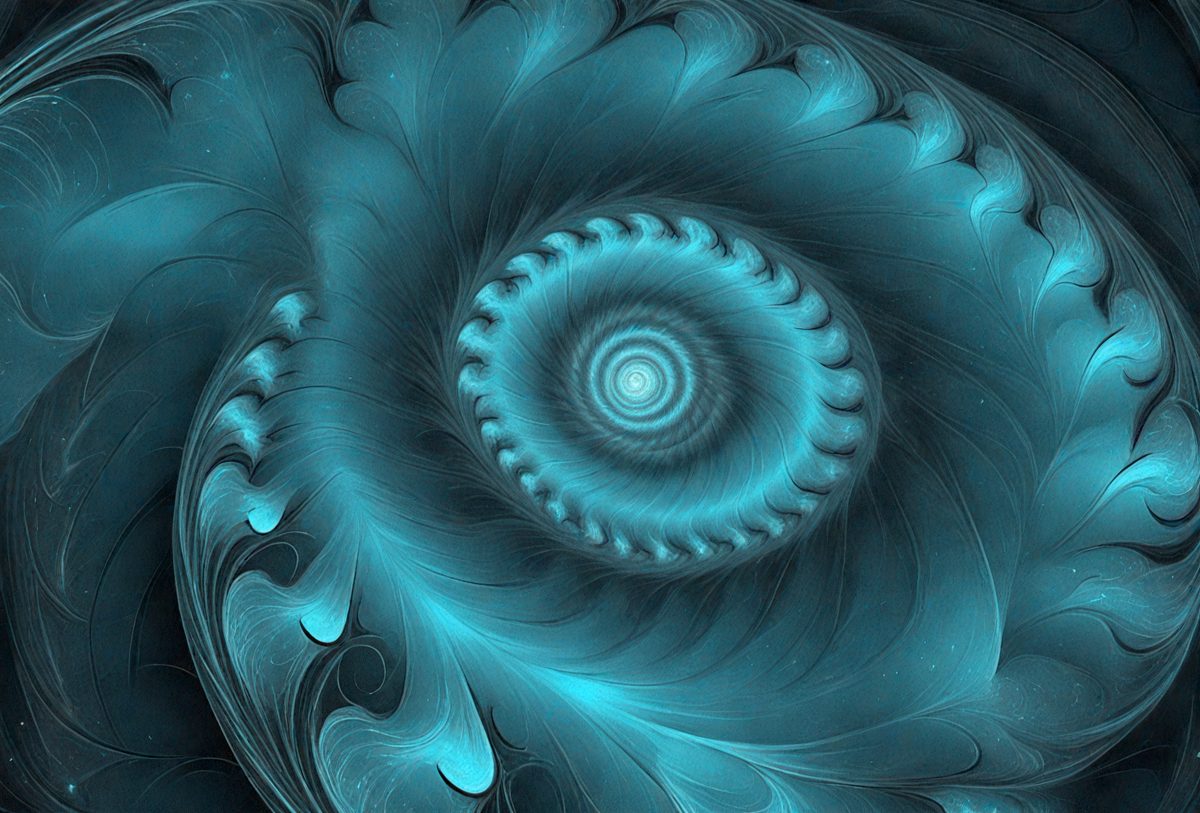 The primary subject of the image is a blue spiral, which appears to be a part of a larger blue flower. The setting is a blue background, and the visual style is a combination of digital art and illustration. The dominant colors in the image are blue and purple, creating a serene and calming atmosphere.