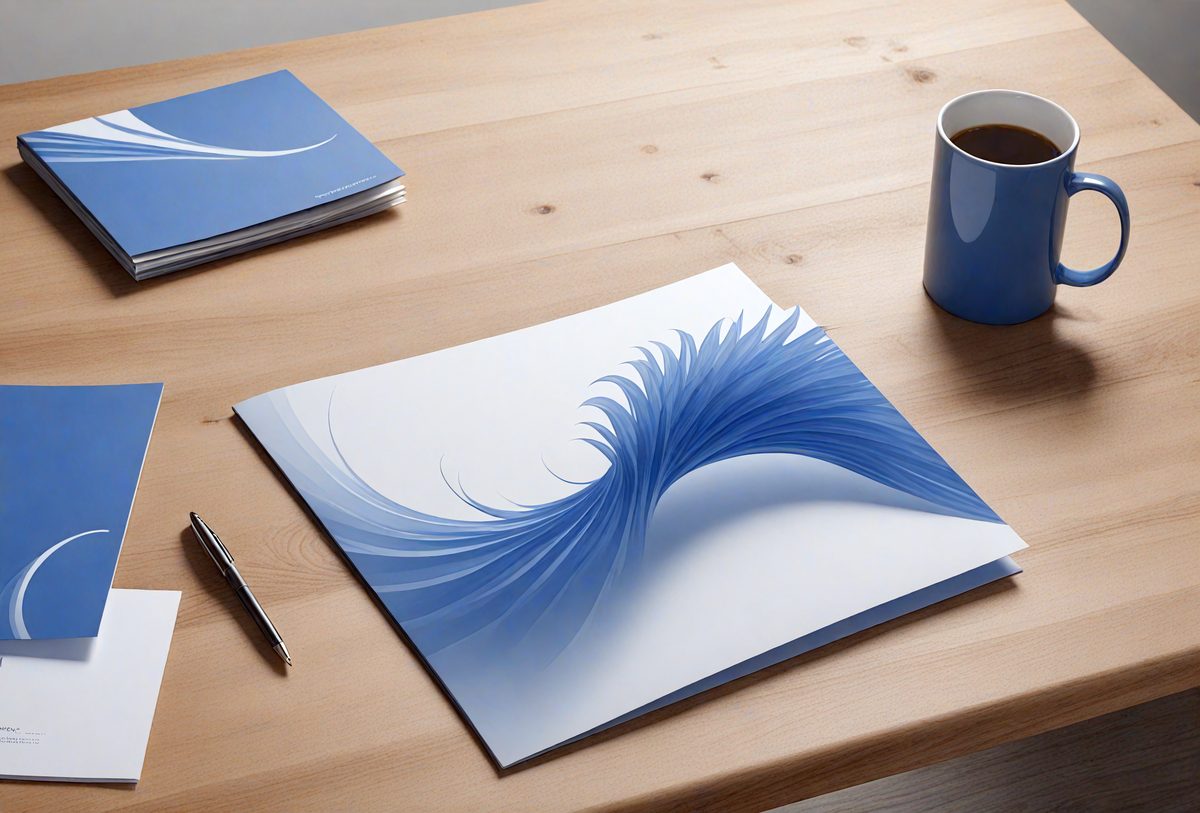 The primary subject of the image is a white and blue painting displayed on a wooden table. The painting features a blue wave design, giving it a unique and artistic appearance. The setting is a wooden table, which serves as the background for the painting. The visual style of the image is a painting, showcasing the artist's skill and creativity. The colors and mood of the painting are predominantly blue and calming, creating a serene atmosphere.