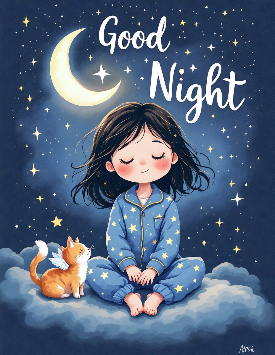 The primary subject of the image is a young girl sitting on a cloud, wearing a blue nightgown. She is smiling and appears to be enjoying her time on the cloud. The setting is a night sky, with a moon visible in the background. The visual style is a digital art illustration, creating a whimsical and imaginative atmosphere. The colors are predominantly blue and white, with the girl's nightgown being blue, and the cloud and sky being predominantly white. The overall mood is one of innocence, wonder, and joy.