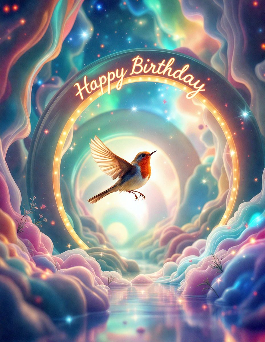 Primary subject: A bird, possibly a robin, flying in a colorful, swirling, and whimsical environment.

Setting/background: The bird is flying in front of a colorful, swirling background, which appears to be a painting or a digital artwork.

Visual style: The image is a digital artwork or painting, featuring a vibrant and whimsical atmosphere.

Colors and mood: The colors in the image are predominantly bright and vivid, creating a cheerful and lively mood.