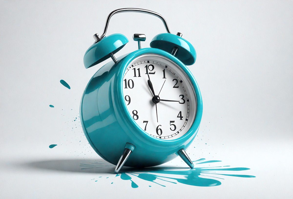 The primary subject of the image is a blue alarm clock with a white face. The clock is placed on a white surface, which creates a contrast with the blue and white colors of the clock. The setting appears to be a simple, clean environment, with no additional objects or distractions. The visual style of the image is a combination of photo and digital art, as it captures the details of the alarm clock while also having a slightly artistic touch. The overall atmosphere of the image is calm and organized, with the blue and white colors contributing to a sense of tranquility.