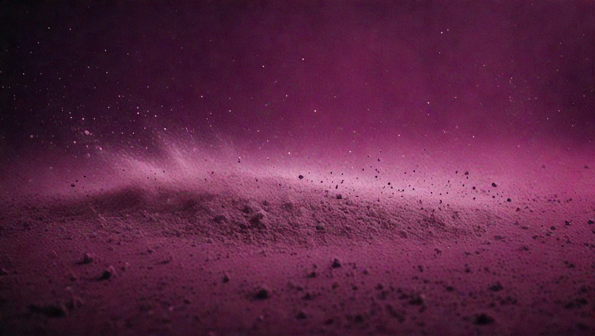 The primary subject of the image is a purple cloud of dust or sand, which is the main focus of the scene. The setting is a purple background, which adds to the overall atmosphere of the image. The visual style appears to be a photo, as it captures the purple cloud in a realistic manner. The colors and mood of the image are dominated by the purple hue, creating a unique and striking visual effect.