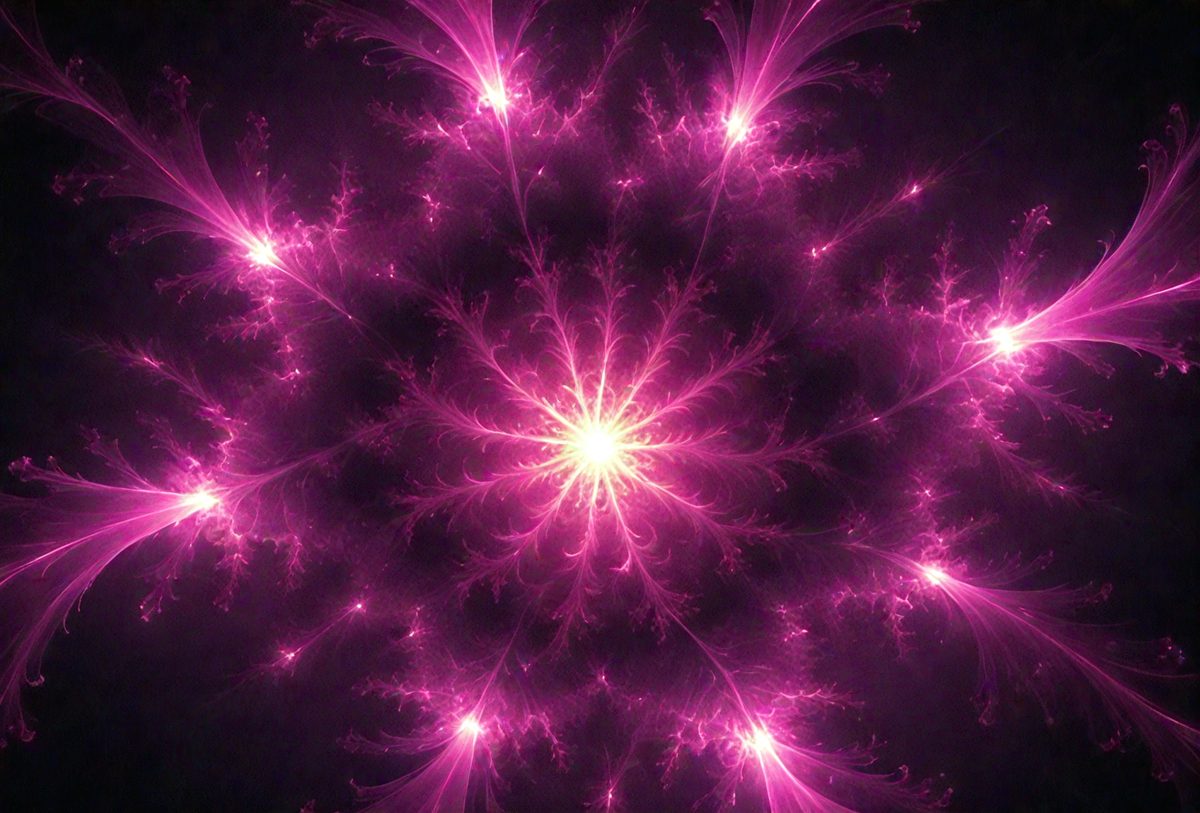 The primary subject of the image is a brightly colored, pink and purple swirling pattern. The setting is a dark background, which contrasts with the vibrant colors of the swirling pattern. The visual style appears to be a combination of digital art and illustration, creating a unique and eye-catching design. The dominant colors in the image are pink and purple, giving the scene a lively and energetic atmosphere.