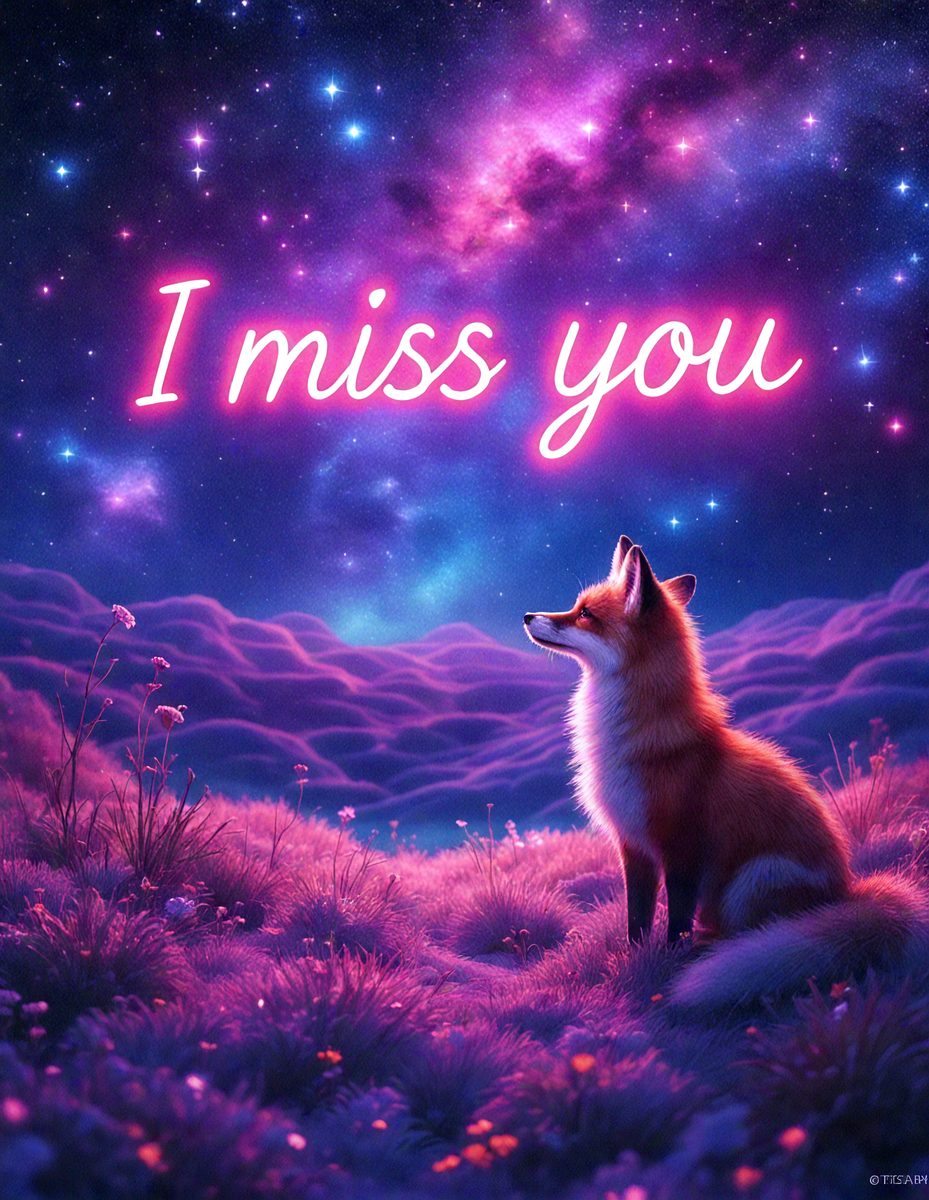The primary subject of the image is a fox sitting in a field of flowers. The setting is a purple sky with stars, creating a serene and dreamy atmosphere. The visual style is a digital art or illustration, with the fox being the main focus of the scene. The colors and mood are predominantly purple and pink, giving the image a romantic and whimsical feel.