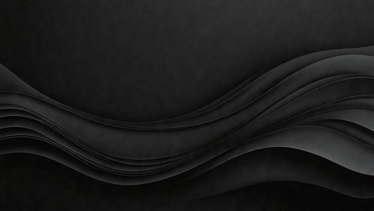 The primary subject of the image is a black background with a pattern of waves. The setting is a dark room, and the visual style appears to be a combination of a photo and a digital art or illustration. The dominant colors are black and grey, creating a moody atmosphere.