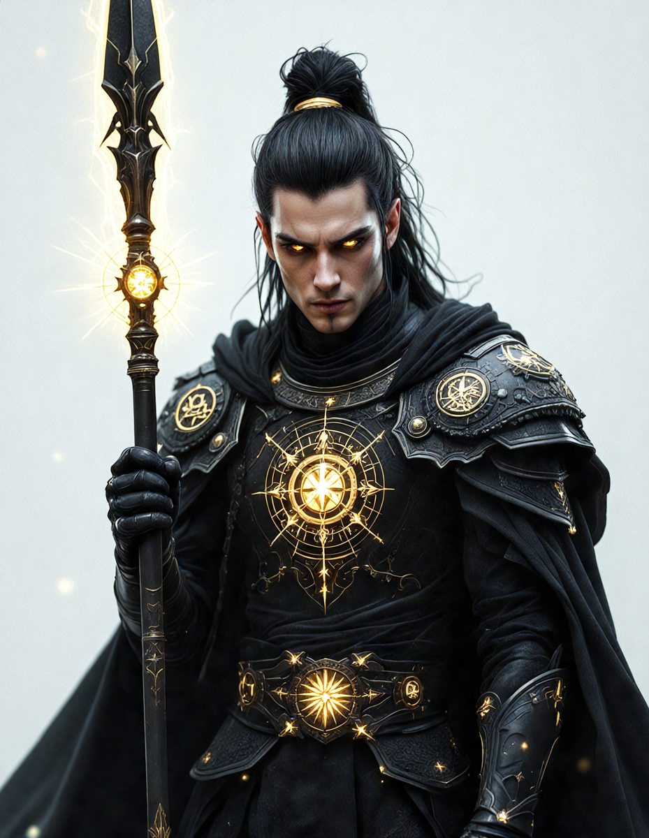 The primary subject of the image is a man dressed in a black and gold costume, holding a staff. He appears to be a character from a fantasy or sci-fi setting. The setting is a white background, which provides a clean and minimalist look to the image. The visual style is a digital art or illustration, with the man's costume and the staff being the main focus of the image. The colors and mood of the image are dark and dramatic, with the man's costume and the staff adding a sense of power and mystery to the scene.
