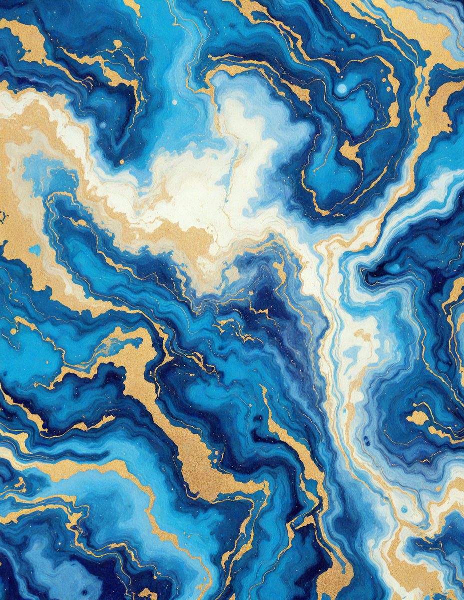 The primary subject of the image is a blue and gold mosaic tile. The setting is a wall with a blue and gold patterned tile. The visual style is a close-up of the tile, showcasing its intricate design. The colors and mood of the image are vibrant and lively, with the blue and gold tones creating a sense of luxury and sophistication.