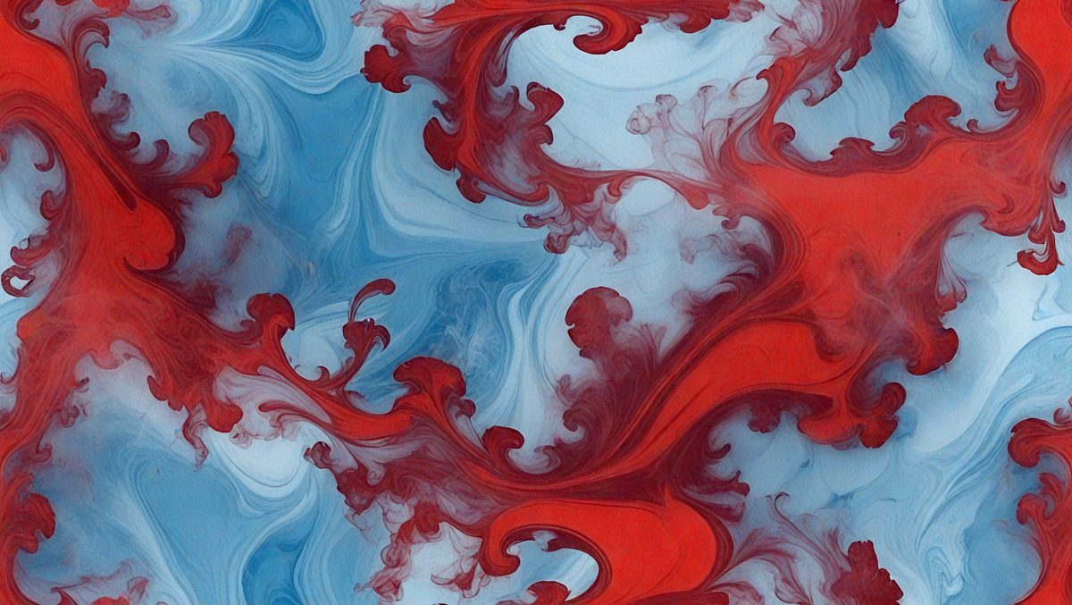 The primary subject of the image is a painting featuring a red and blue color scheme. The painting is displayed on a blue and red background, creating a visually striking contrast. The visual style of the painting appears to be a mix of digital art and illustration, giving it a unique and artistic appearance. The dominant colors in the painting are red and blue, creating a bold and vibrant atmosphere.
