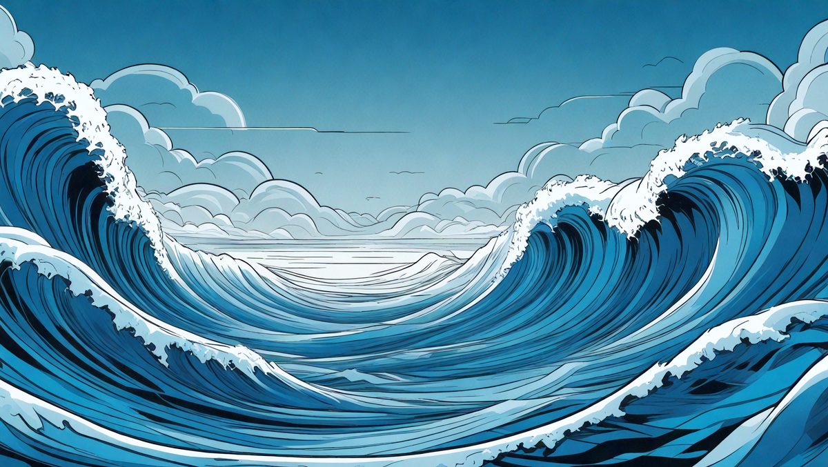The primary subject of the image is a large wave in the ocean. The setting is a blue sky with clouds, creating a serene and peaceful atmosphere. The visual style is a combination of digital art and illustration, giving the scene a vibrant and dynamic appearance. The dominant colors are blue and white, with the blue sky and white clouds providing a calming backdrop for the powerful wave.