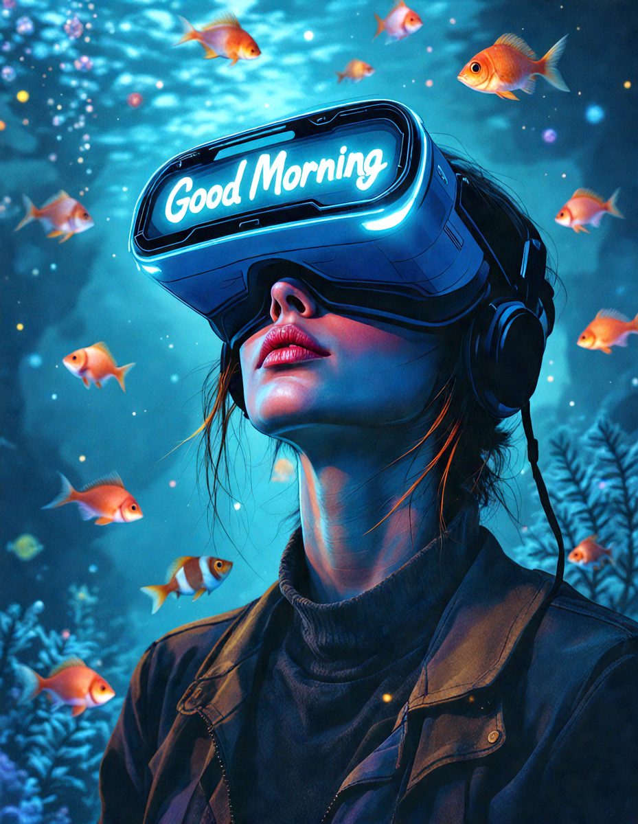 The primary subject of the image is a woman wearing a black shirt and headphones, with a VR headset on her head. She is surrounded by a variety of fish, which are scattered throughout the scene. The setting appears to be a digital art or illustration, with a blue background and a vibrant atmosphere. The woman's expression and posture suggest that she is enjoying her time in the virtual world.