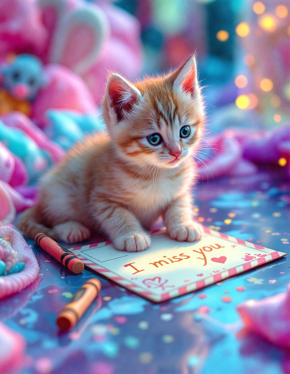 The primary subject of the image is a small orange and white kitten sitting on a card that says "I miss you." The setting is a pink and purple background, which adds a playful and warm atmosphere to the scene. The visual style is a combination of photo and digital art, creating a realistic yet whimsical representation of the kitten and its card. The colors and mood convey a sense of love and longing, as the kitten appears to be missing someone or something.